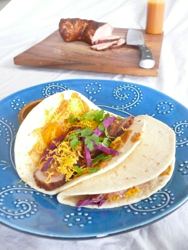 the zach and cilantro saga – day 2:  pork tacos with a chipotle aioli, salsa verde, and orange-habanero sauce