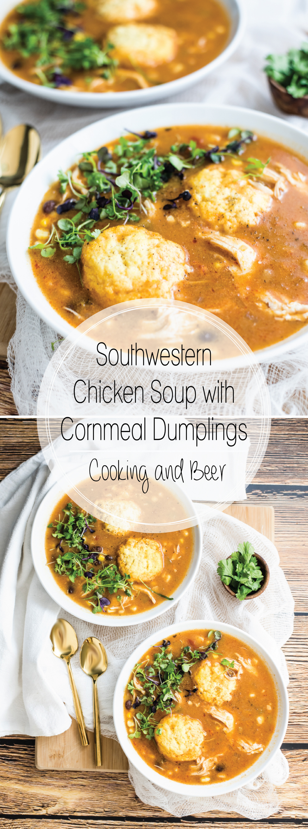 Southwestern chicken soup with cornmeal dumplings is a fun take on traditional chicken soup and dumpling with a spicy twist!