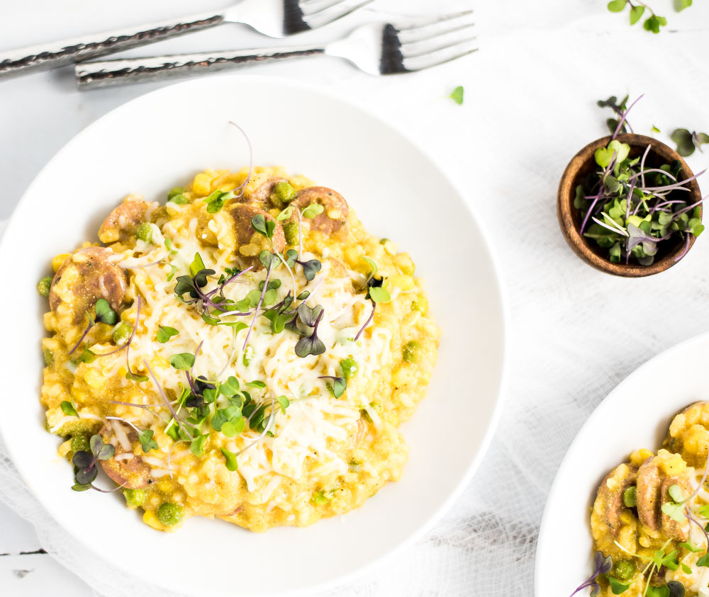 Brown Butter Sausage Risotto with Summer Vegetables is an elegant, yet simple dinner recipe full of comforting flavors!
