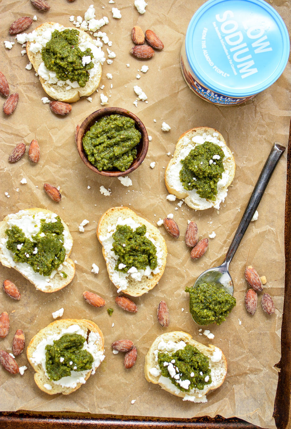 Almond Pesto and Goat Cheese Crostini: the perfect appetizer highlighting fresh herbs and almonds!