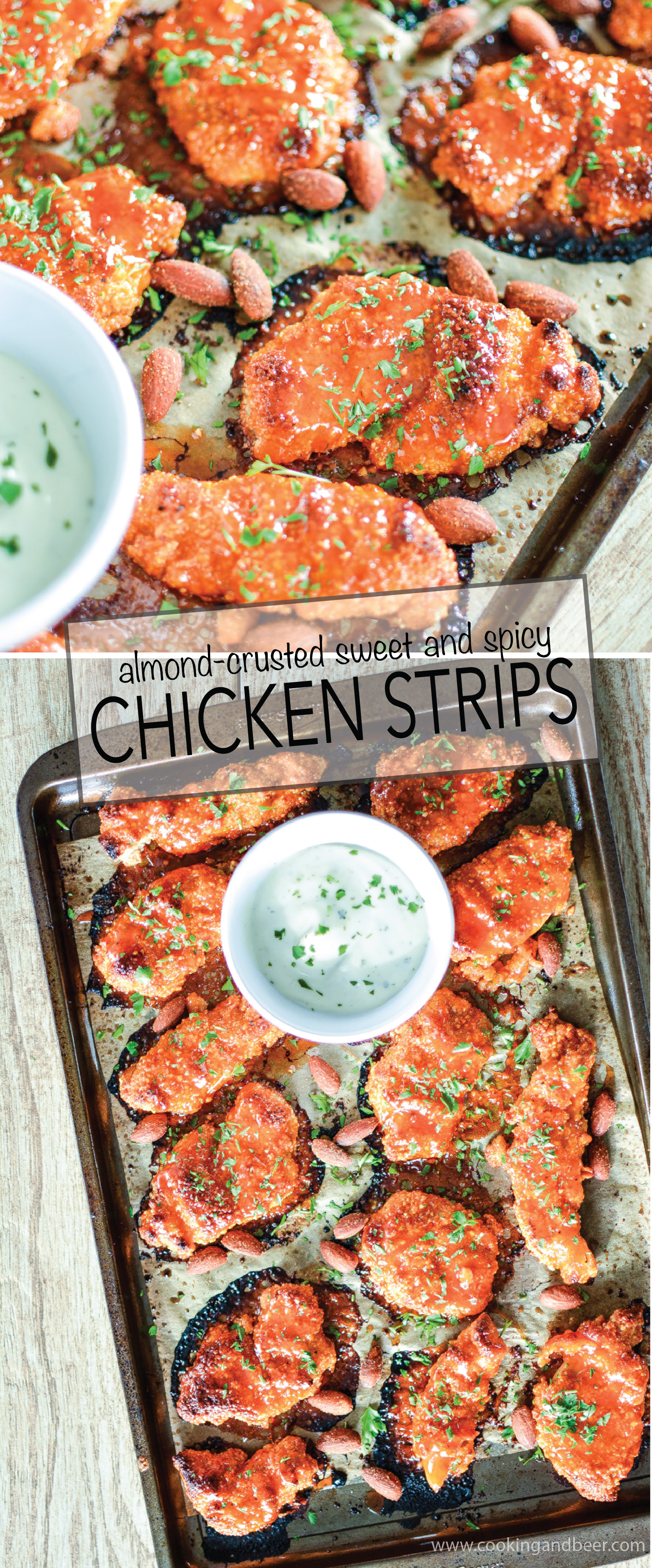 Almond-Crusted Sweet and Spicy Chicken Strips are a family-friendly recipe that is sure to please even the pickiest of eaters! | www.cookingandbeer.com