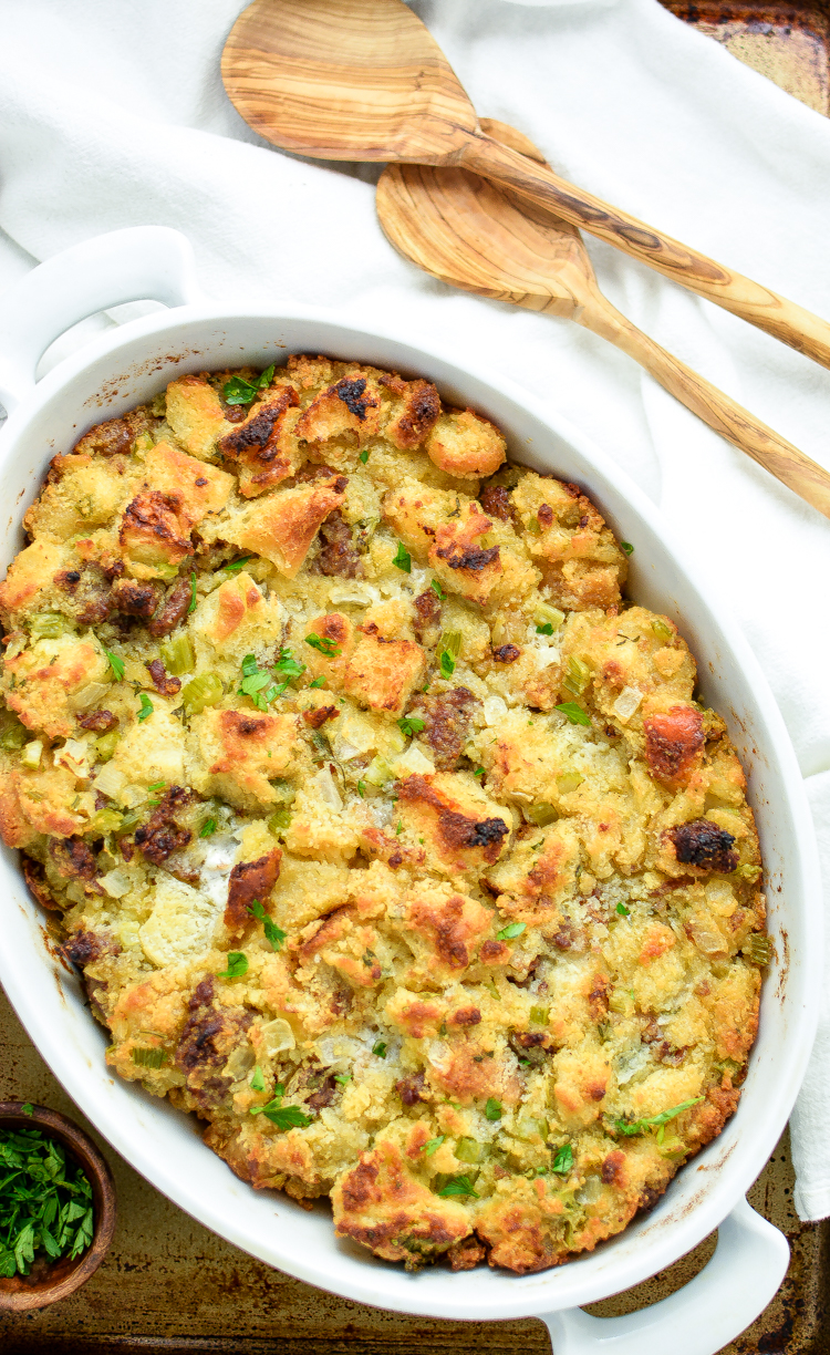 Focaccia, Cornbread and Andouille Sausage Stuffing: A Thanksgiving dinner must-have!