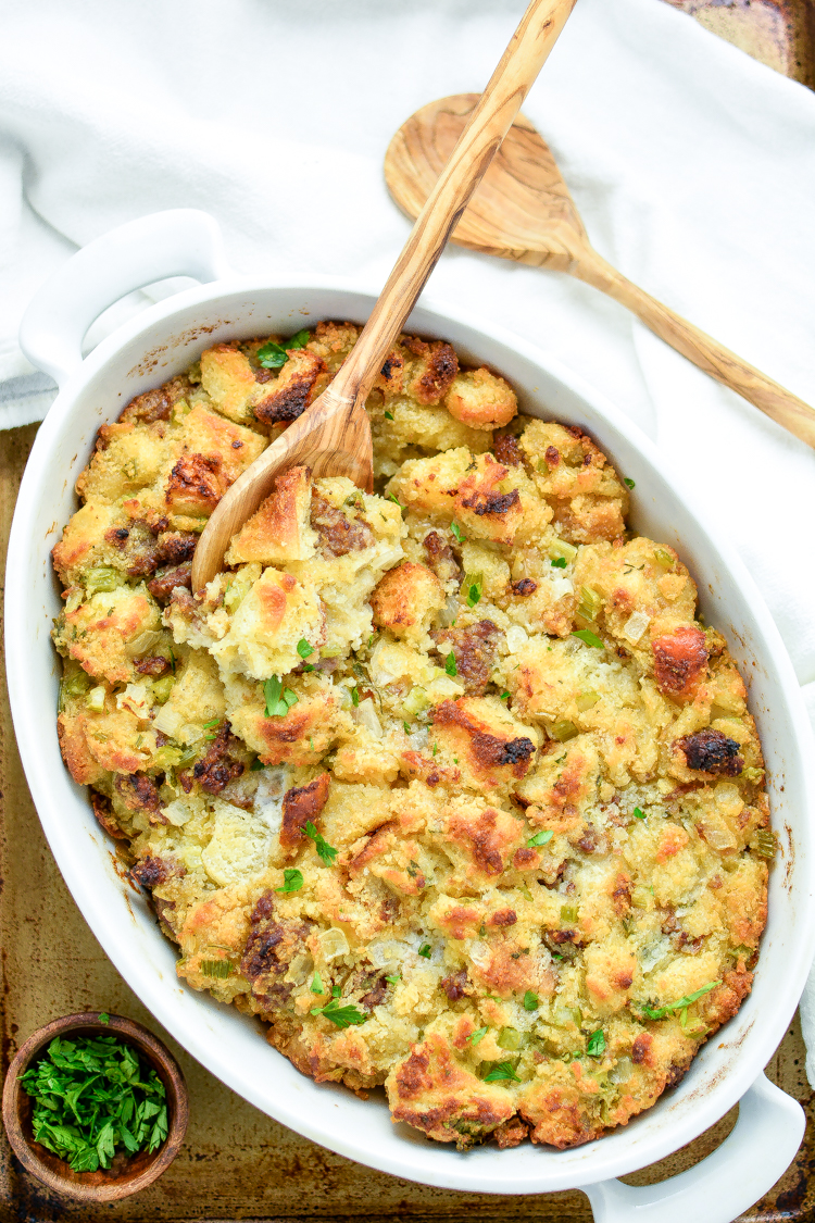 Focaccia, Cornbread and Andouille Sausage Stuffing: A Thanksgiving dinner must-have!