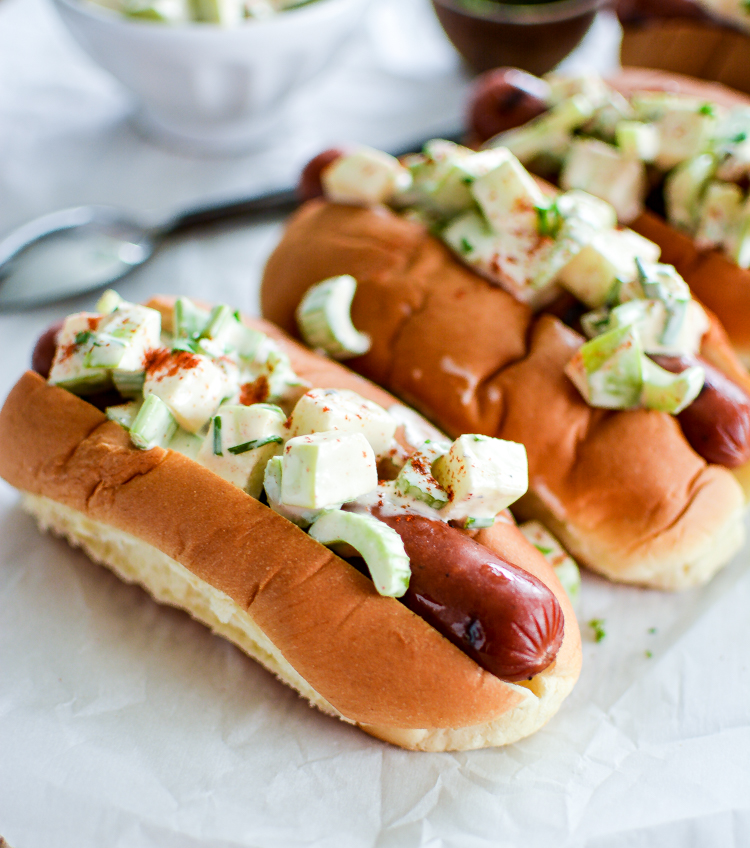 Chilled apple slaw recipe makes for the perfect topping on a summer hot dog! | www.cookingandbeer.com