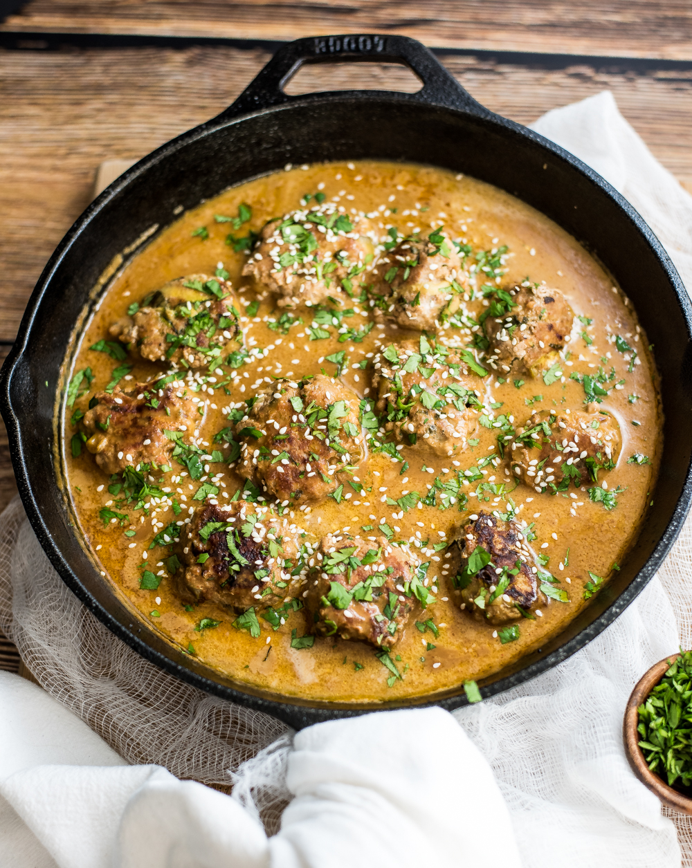 One pan turkey zucchini meatballs in Bangkok peanut sauce™ is the perfect weeknight meal. It is popping with texture and doesn't lack in flavor thanks to House of Tsang's Bangkok Peanut Sauce™!