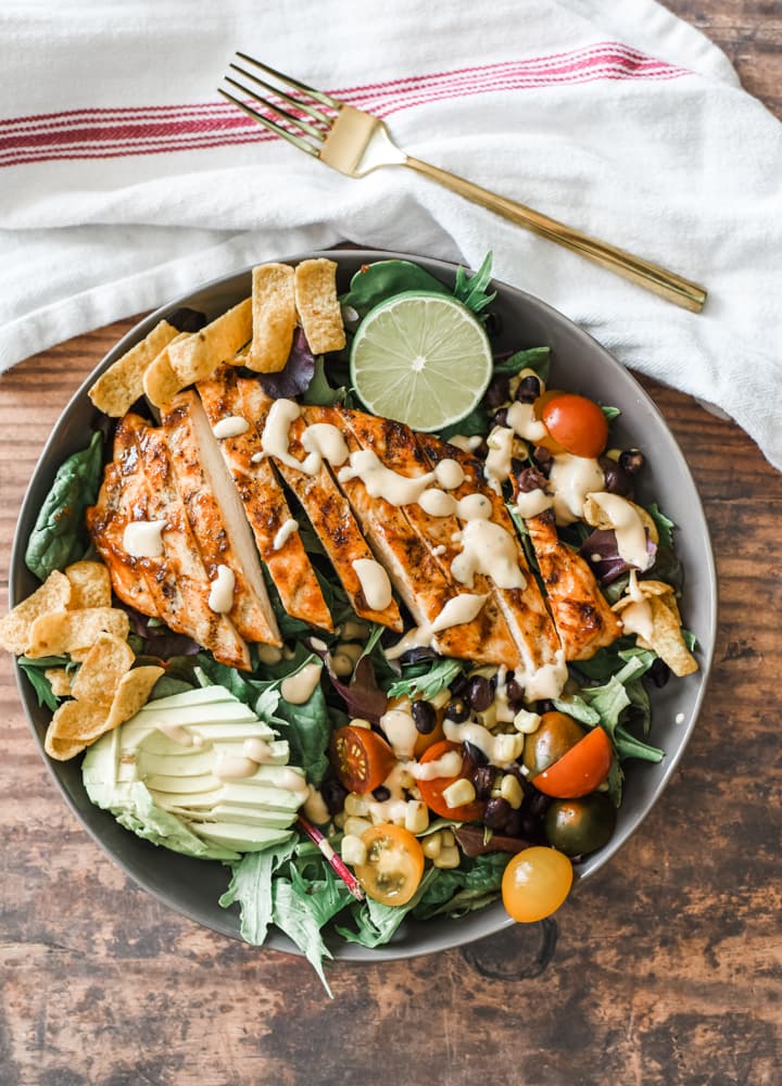 Barbecue chicken salad with spicy ranch dressing