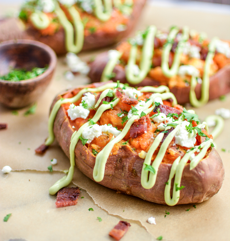 Brown Butter Twice Baked Sweet Potatoes with Goat's Cheese and Avocado Cream recipe is perfect Easter brunch or dinner! | www.cookingandbeer.com