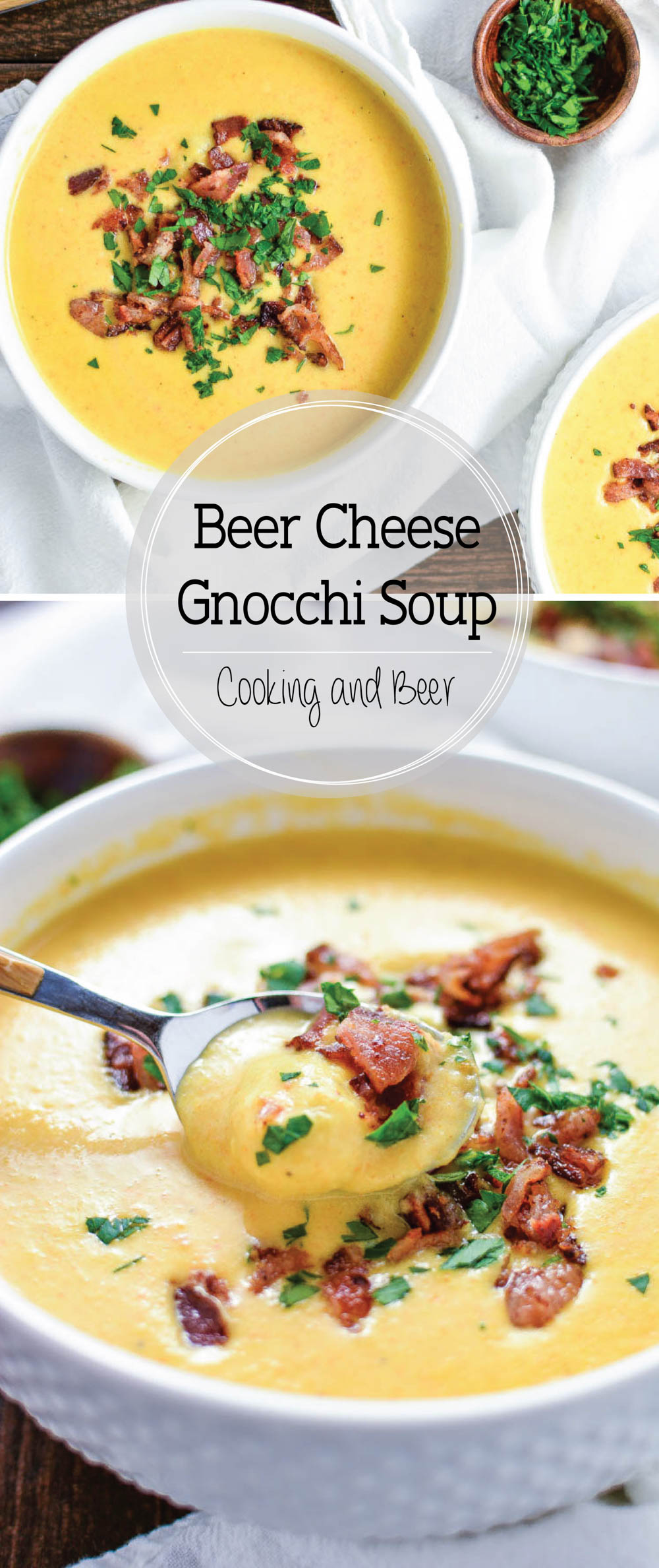 Creamy Beer Cheese Gnocchi Soup is a creamy and comforting soup that's topped with bacon and loaded with cheese!