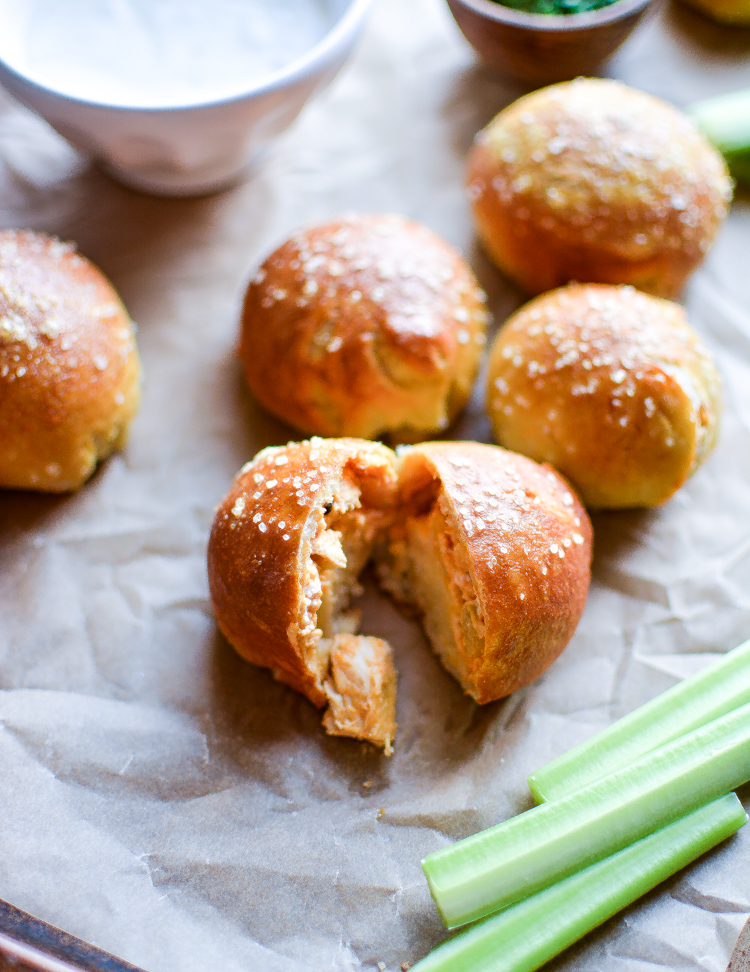Stuffed Buffalo Chicken Pretzel Bites with Homemade Blue Cheese: a bite-sized appetizer recipe that's perfect for game day!