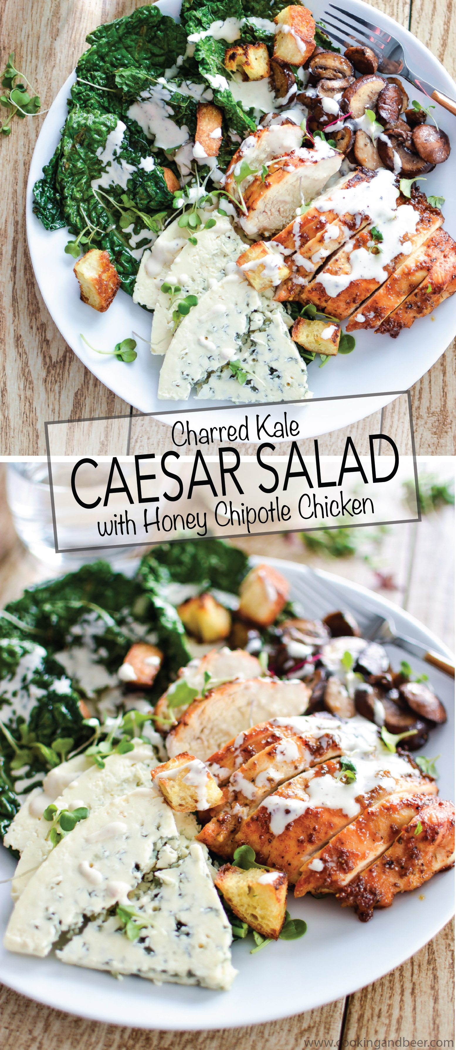 Charred Kale Caesar Salad with Honey Chipotle Chicken is a fun twist on a traditional caesar salad, using kale instead of romaine! | www.cookingandbeer.com