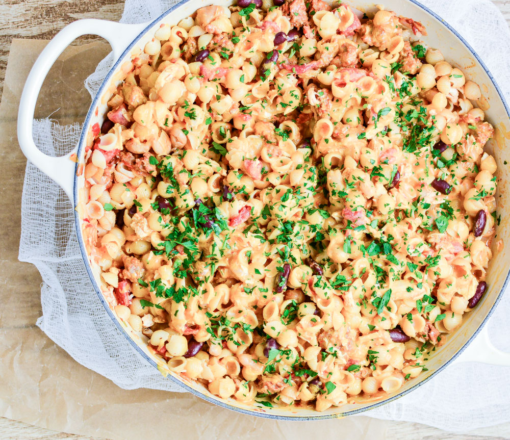Super Simple Chicken and Chorizo Chili Mac and Cheese is a family-friendly weeknight meal using pantry staples!