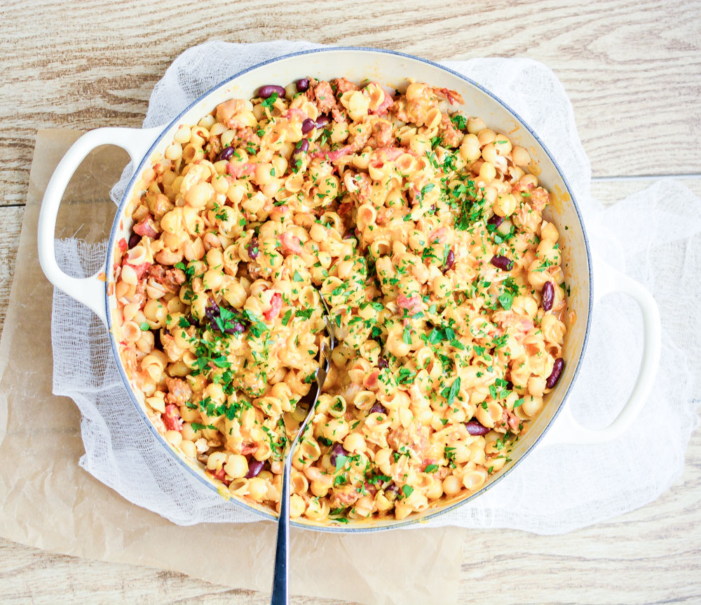 Super Simple Chicken and Chorizo Chili Mac and Cheese is a family-friendly weeknight meal using pantry staples!