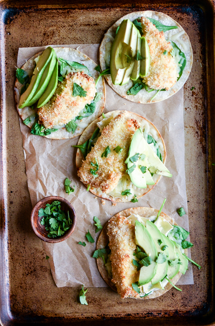 Crispy Coconut Chicken, Brie and Avocado Tostadas: a quick weeknight meal or appetizer that's healthy AND comforting!