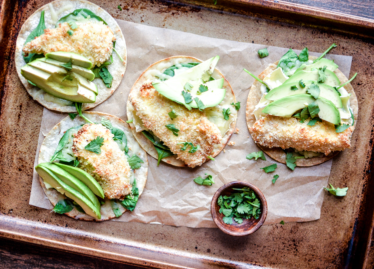 Crispy Coconut Chicken, Brie and Avocado Tostadas: a quick weeknight meal or appetizer that's healthy AND comforting!