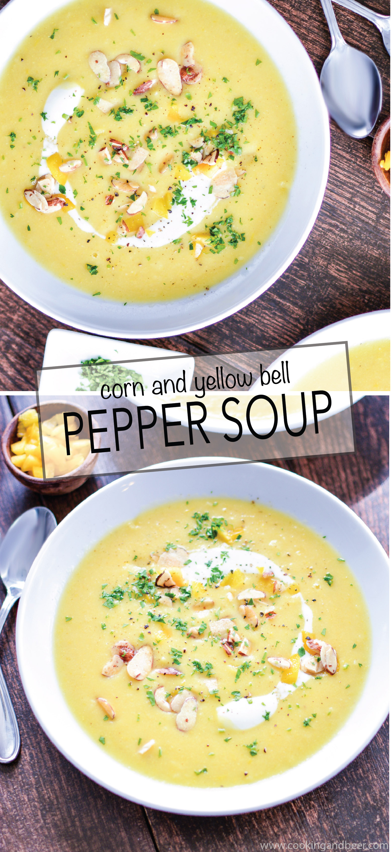 Corn and Yellow Bell Pepper Soup recipe (vegan) is the perfect summertime soup as it highlights fresh produce and delicious ingredients! | www.cookingandbeer.com
