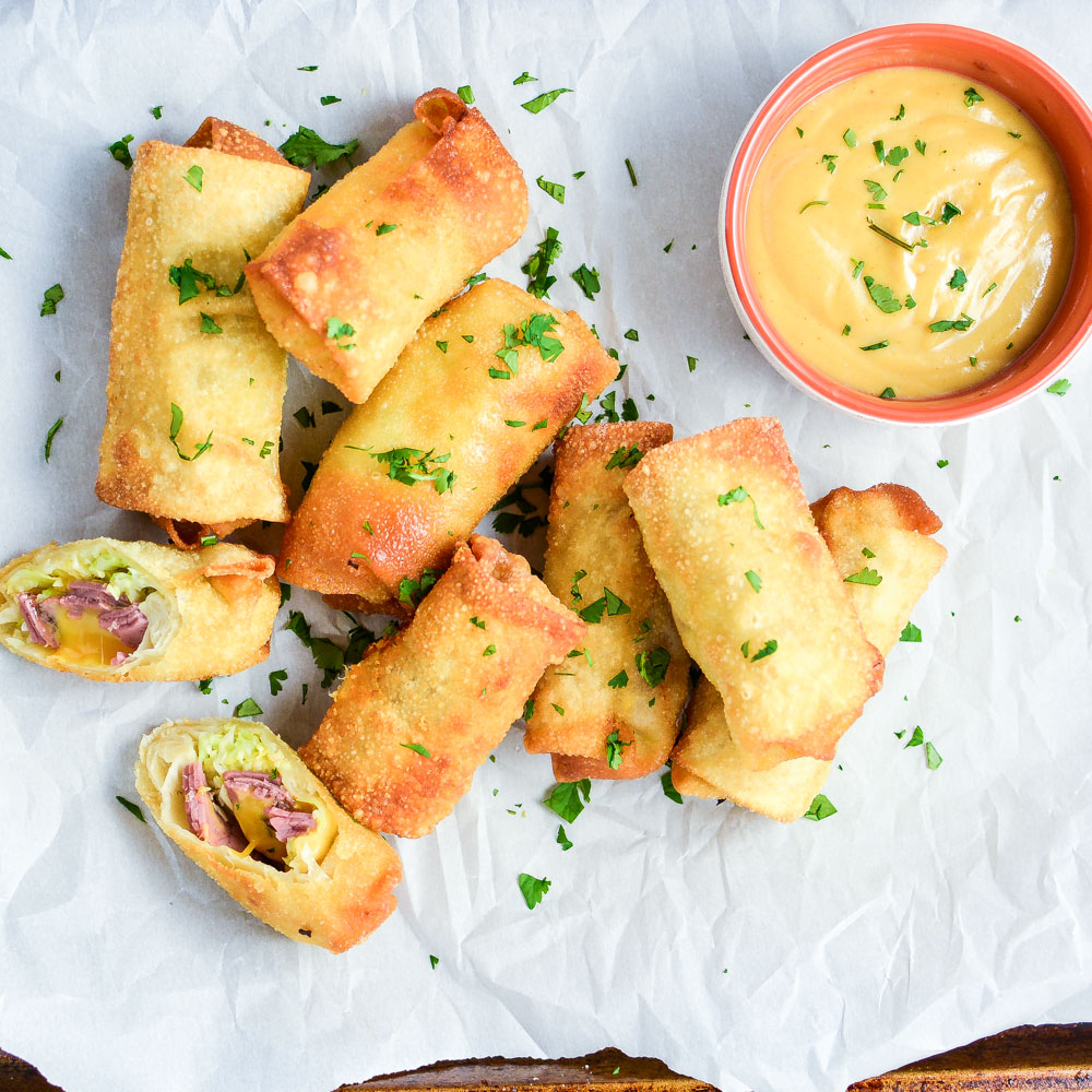 Corned beef and cabbage egg rolls with homemade beer mustard
