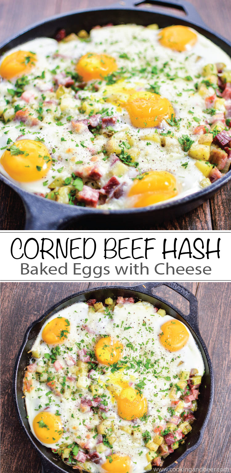 A St. Patrick's Day must-have: Corned Beef Hash Baked Eggs with Cheese recipe is perfect for breakfast or dinner!  | www.cookingandbeer.com