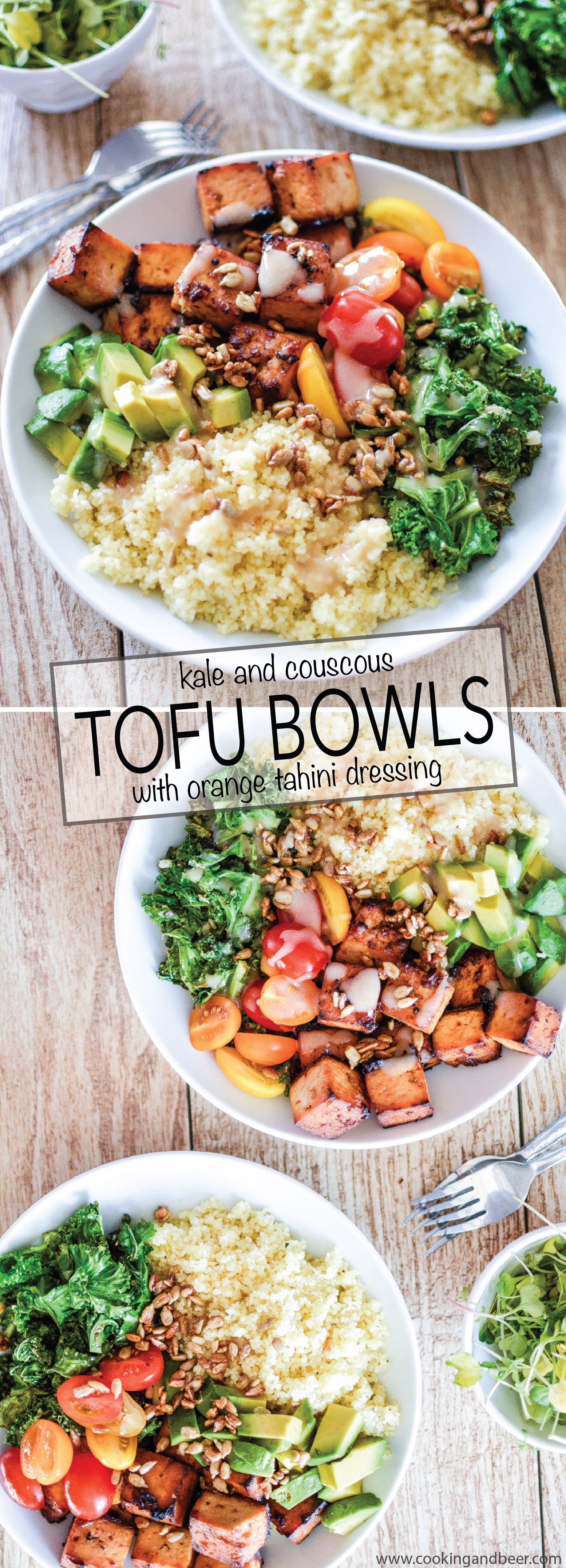 Kale and Couscous Tofu Bowls with Orange Tahini Dressing is a weeknight dinner recipe that is super hearty, filling and packs a lot of flavor! | www.cookingandbeer.com