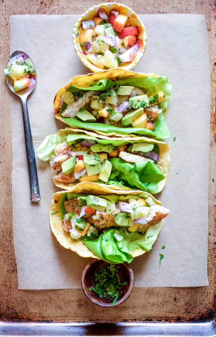 Chipotle Chili Fish Tacos with Peach Pineapple Salsa: a fresh, healthy and delicious #tacotuesday dinner recipe! | www.cookingandbeer.com