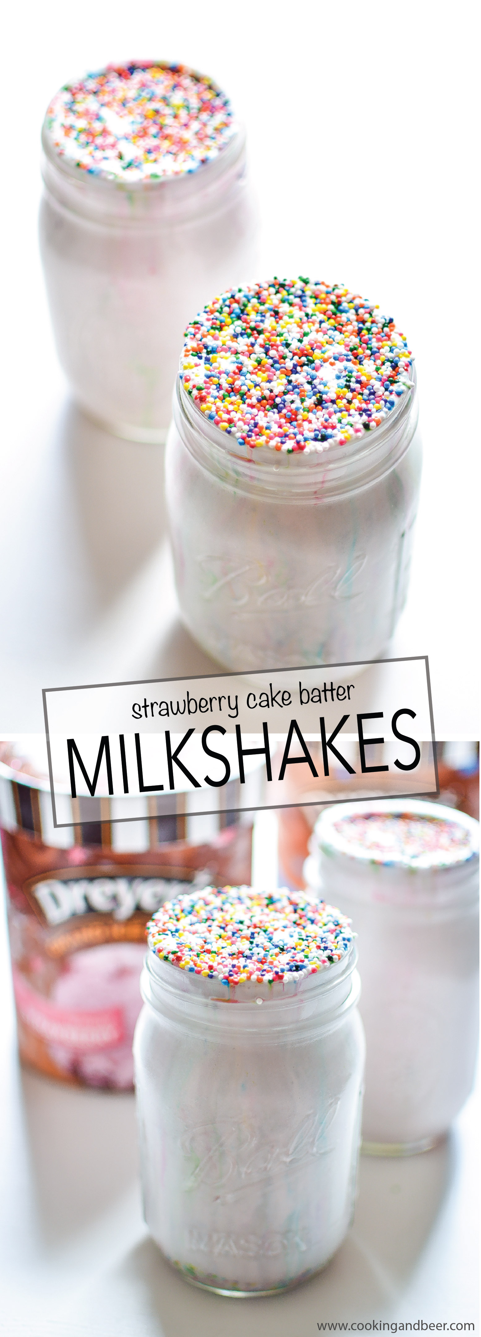 Strawberry Cake Batter Milkshakes: the perfect way to cool down this summer! | www.cookingandbeer.com