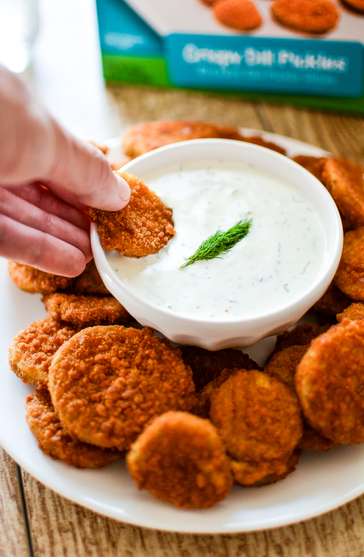 Crispy Dill Pickles with Curry, Yogurt and Dill Dipping Sauce: a game day snack recipe that anyone can make from the comfort of their own home!