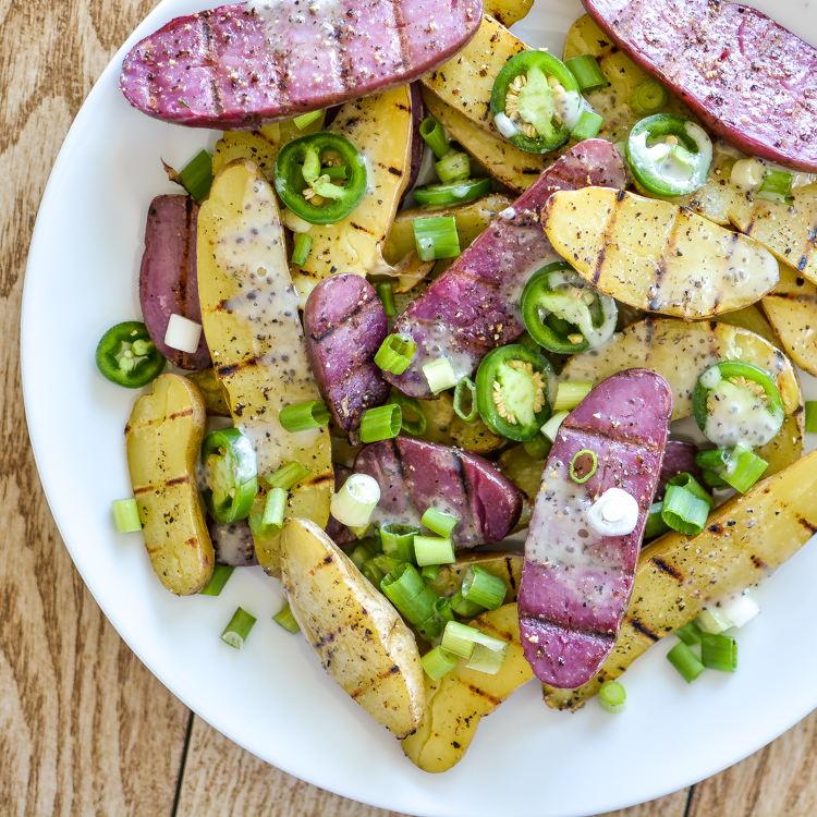 This recipe for grilled fingerling potato salad with chia seed ranch dressing is perfect for your next picnic! | www.cookingandbeer.com