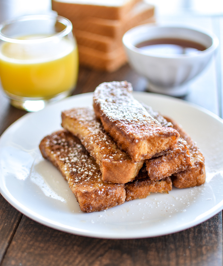 pumpkin spice and buttermilk french toast sticks with apple cider maple syrup