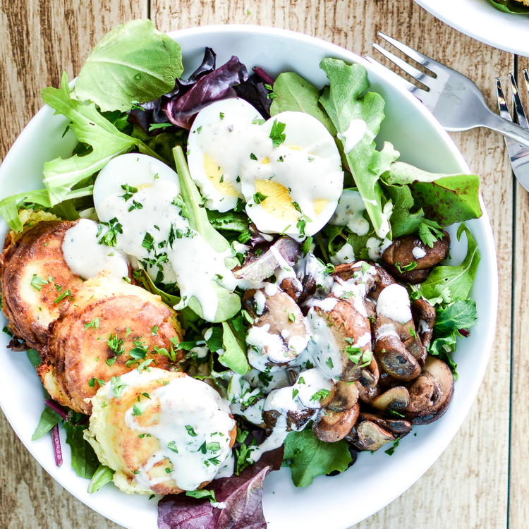 Recipe for Fried Ricotta Cheese Salad with Sautéed Mushrooms is a fun way to get that daily green intake! | www.cookingandbeer.com