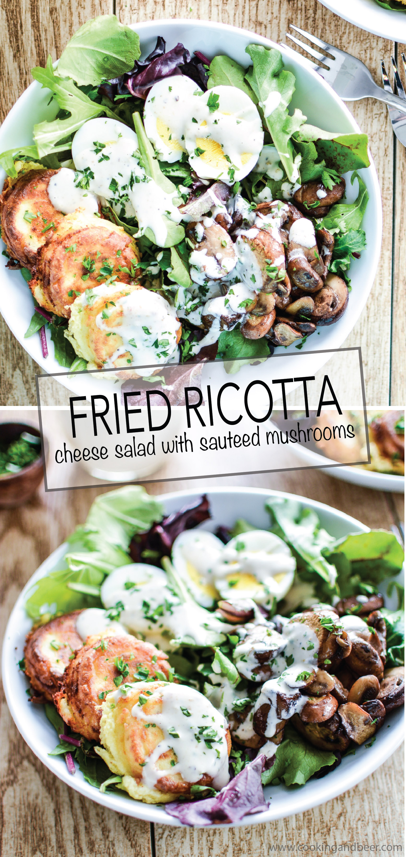 Recipe for Fried Ricotta Cheese Salad with Sautéed Mushrooms is a fun way to get that daily green intake! | www.cookingandbeer.com