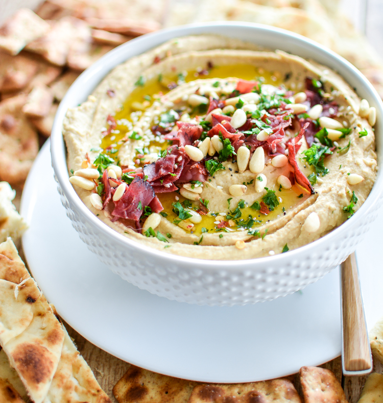 Roasted Garlic Hummus with Crispy Pastrami: the perfect quick appetizer for your next get-together or dinner party! | www.cookingandbeer.com