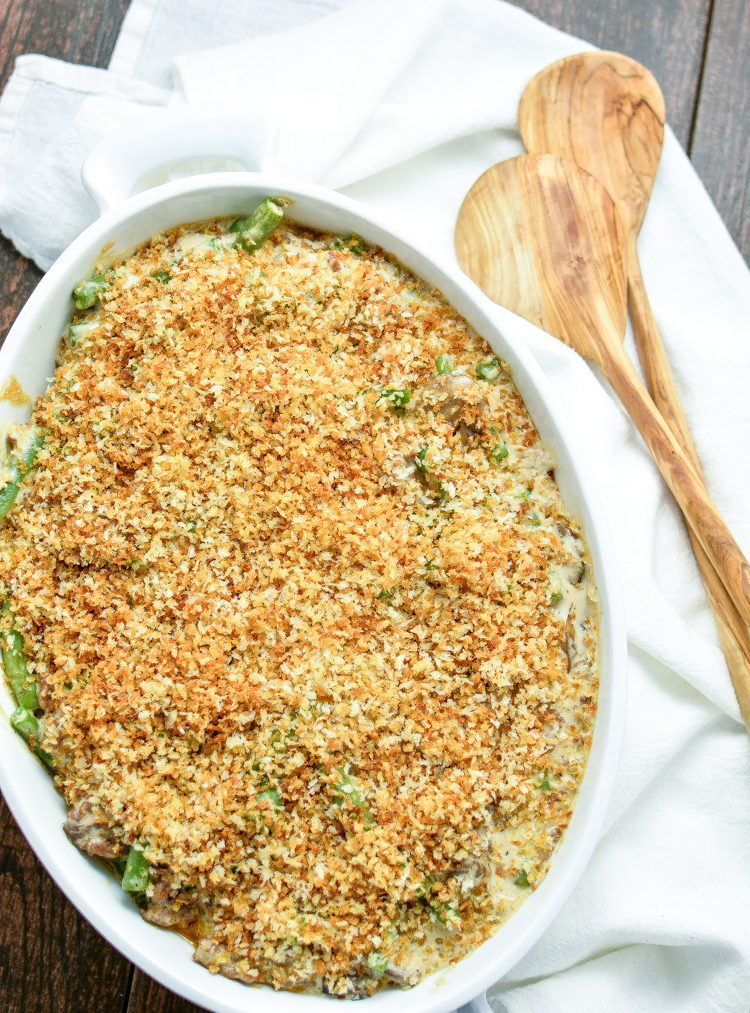 From-Scratch Creamy Sausage Green Bean Casserole is a Thanksgiving side dish that's packed full of flavor!