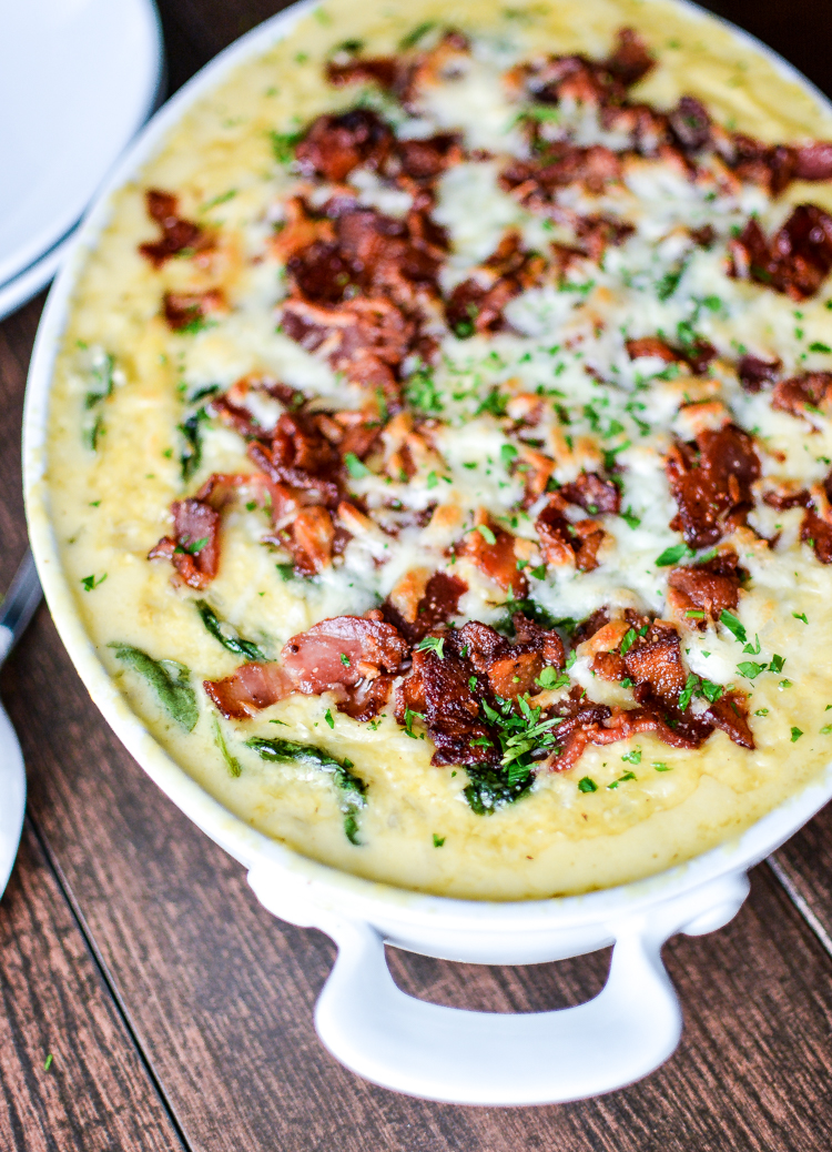 Cheesy Grits and Spinach Casserole with Bacon is a comforting side dish recipe for any occasion! | www.cookingandbeer.com