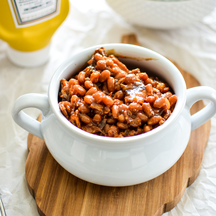 Slow Cooker Brown Sugar and Mustard Baked Beans with Bacon Recipe! | www.cookingandbeer.com