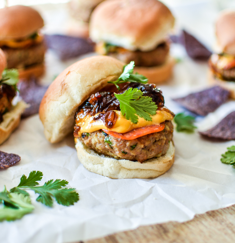 Recipe for Smoky Pepperoni Turkey Sliders with Bacon Jam and Queso | www.cookingandbeer.com