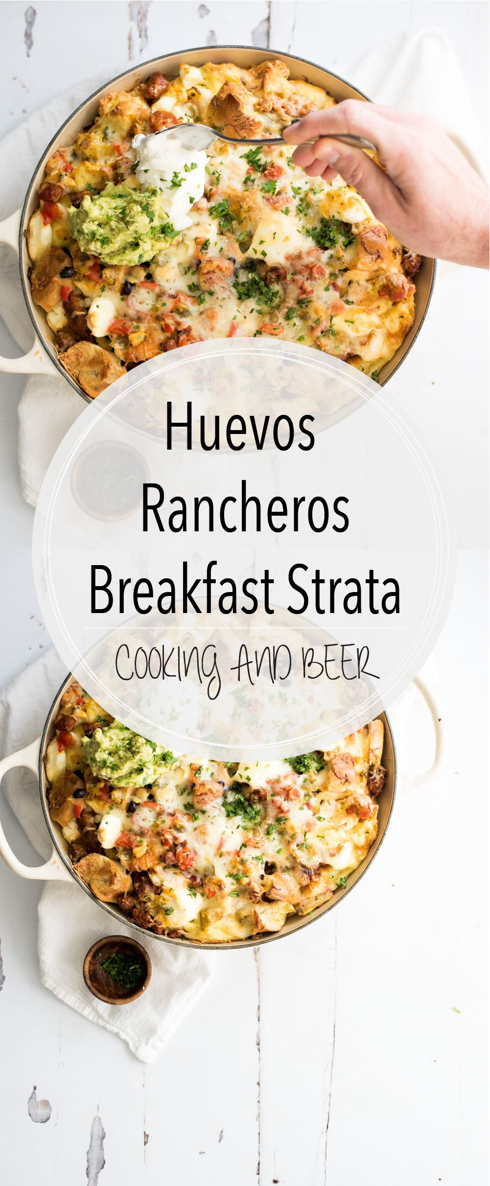Put a large fun twist on your next breakfast casserole with this huevos rancheros breakfast strata. It's popping with flavor and perfect for a crowd!