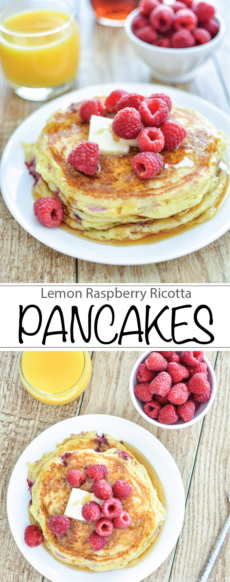 Raspberry Lemon Ricotta Pancakes recipe for breakfast utilizing lemon essential oil! | www.cookingandbeer.com