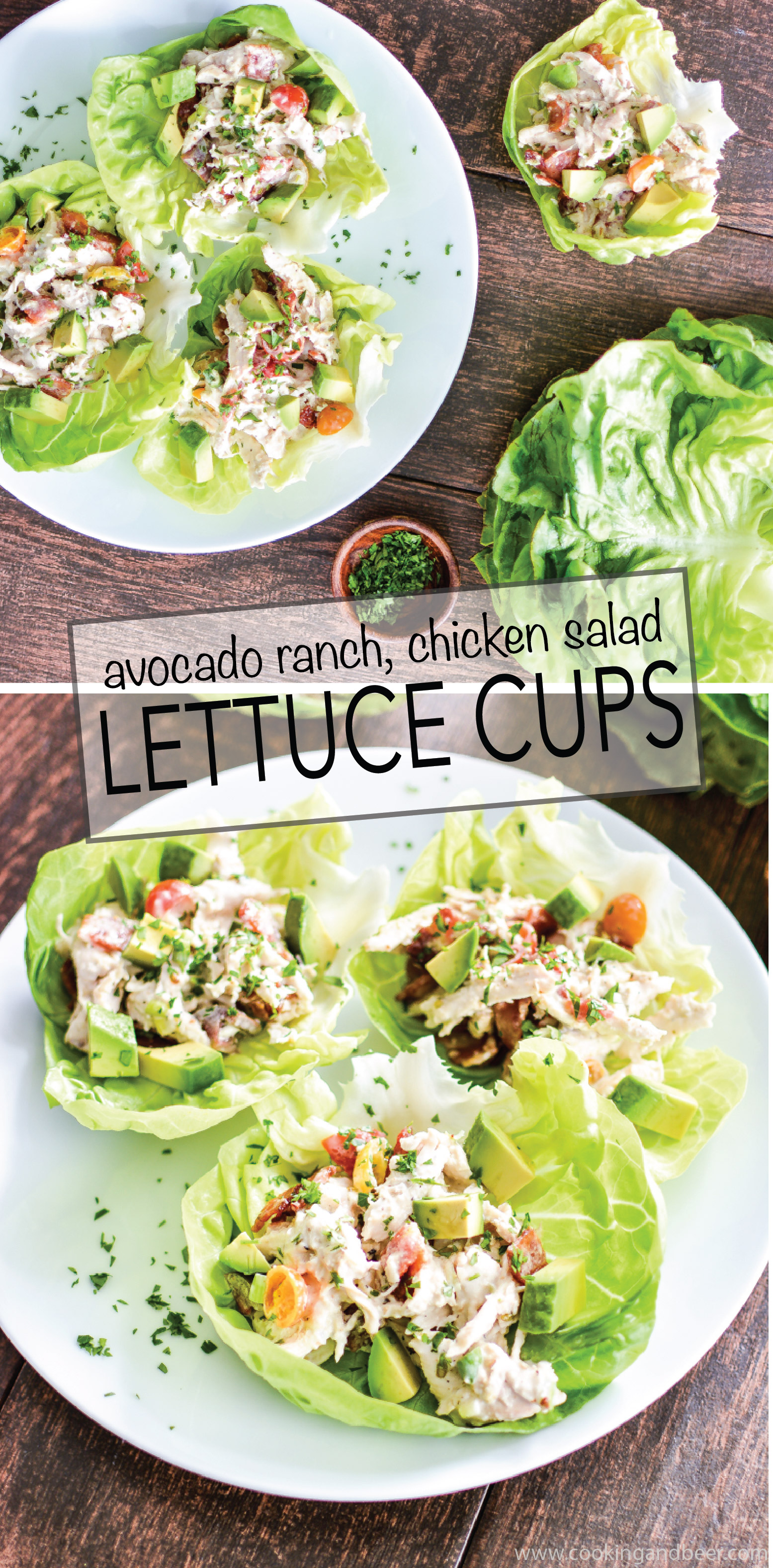 Recipe for Avocado Ranch Chicken Salad Lettuce Cups is a healthy and delicious way to spice up your next lunch! | www.cookingandbeer.com