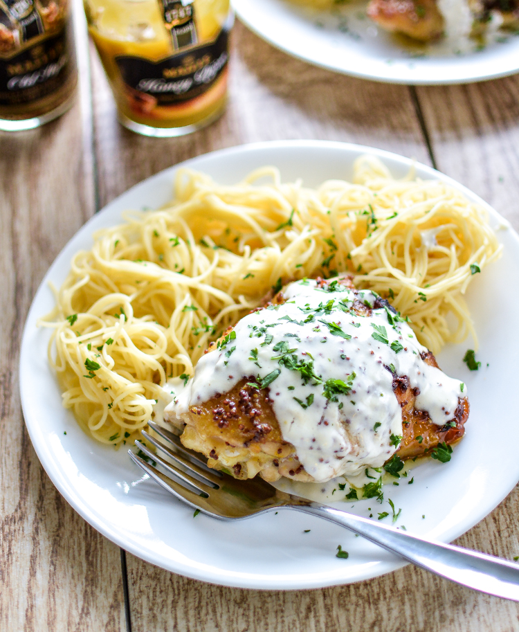 Crispy Honey Mustard Chicken Thighs with Creamy Mustard Sauce is comfort food to the max! It's a weeknight meal that's simple AND delicious! #MyMaille @MailleUS | www.cookingandbeer.com