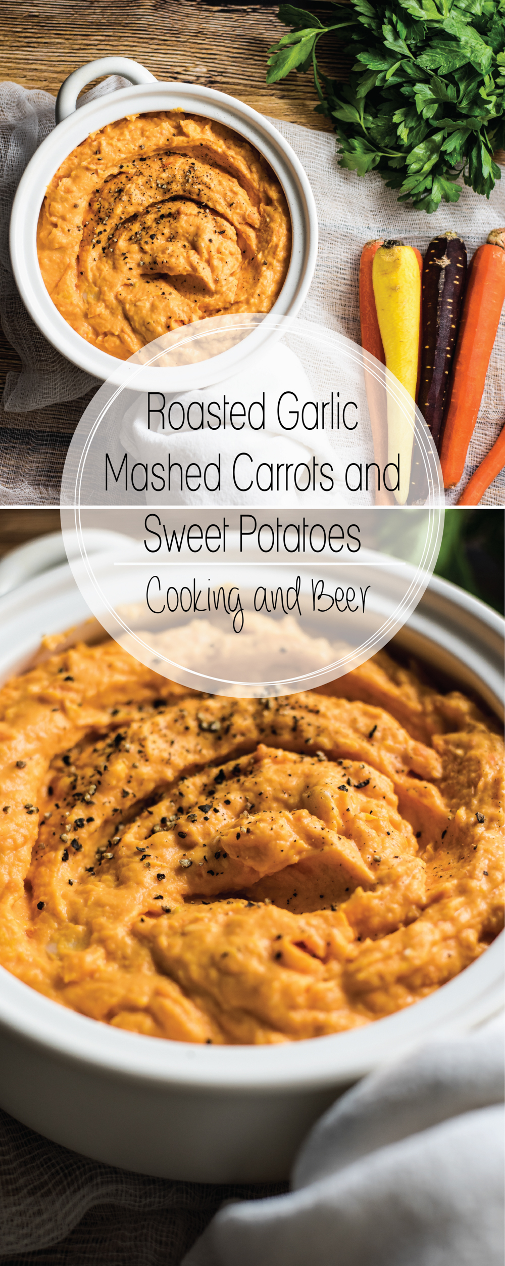 Roasted garlic mashed sweet potatoes and carrots is the perfect side dish to serve this fall!