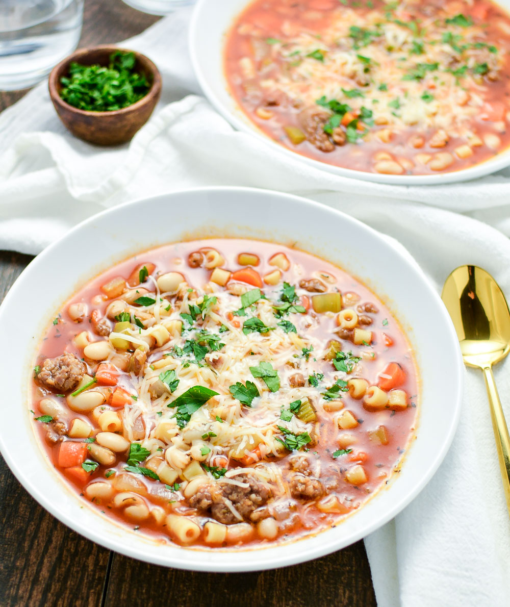 Pasta e Fagioli is a classic Italian soup. This version combines ham and sausage in one glorious veggie-loaded soup!