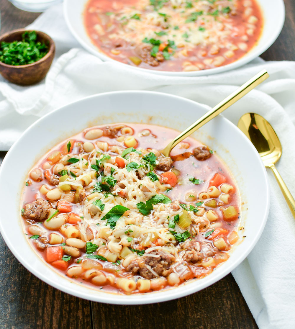 Pasta e Fagioli is a classic Italian soup. This version combines ham and sausage in one glorious veggie-loaded soup!