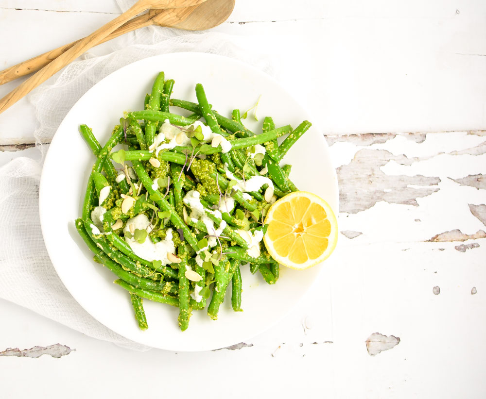 Snap Pea and Green Bean Salad with Arugula Pesto is a light and healthy side dish to serve this summer!