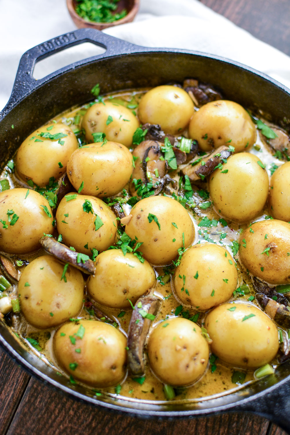 Skillet Potatoes with Creamy Pilsner, Mushroom Sauce is the perfect side dish recipe!