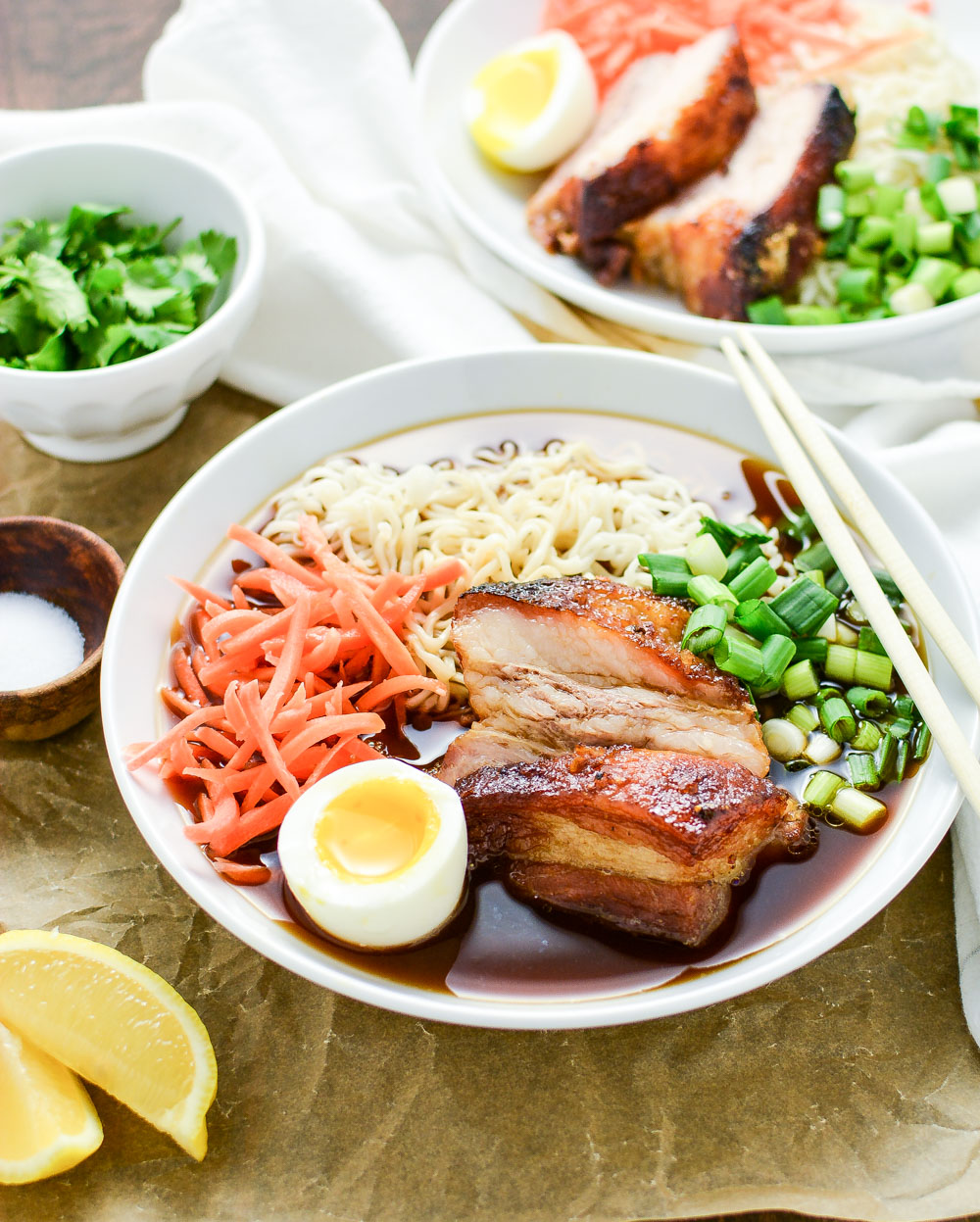 Beer-Braised Pork Belly Ramen is a scrumptious noodle dish that's made with a homemade ginger-flavored broth and tender beer-braised pork belly.