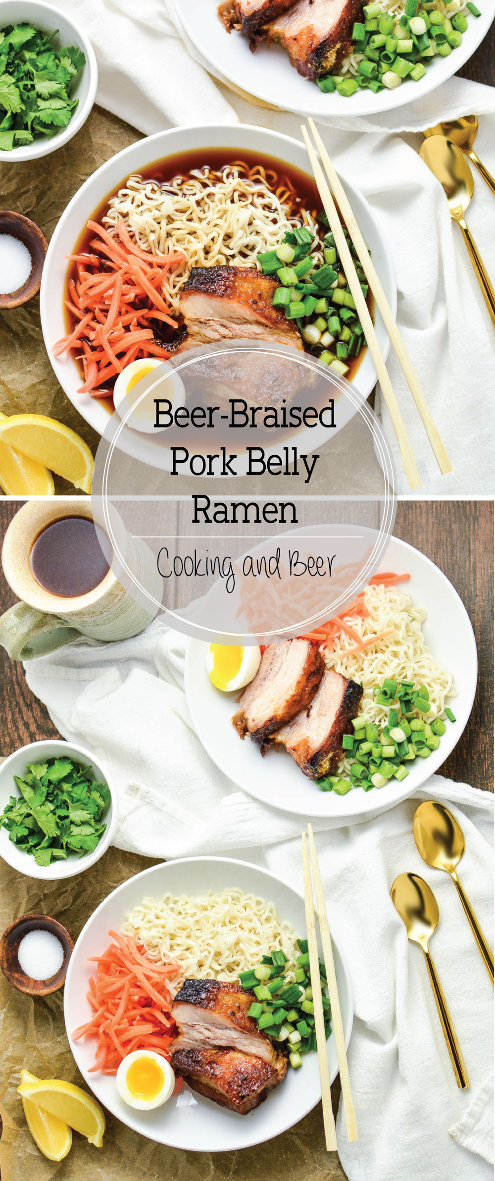 Beer-Braised Pork Belly Ramen is a scrumptious noodle dish that's made with a homemade ginger-flavored broth and tender beer-braised pork belly.