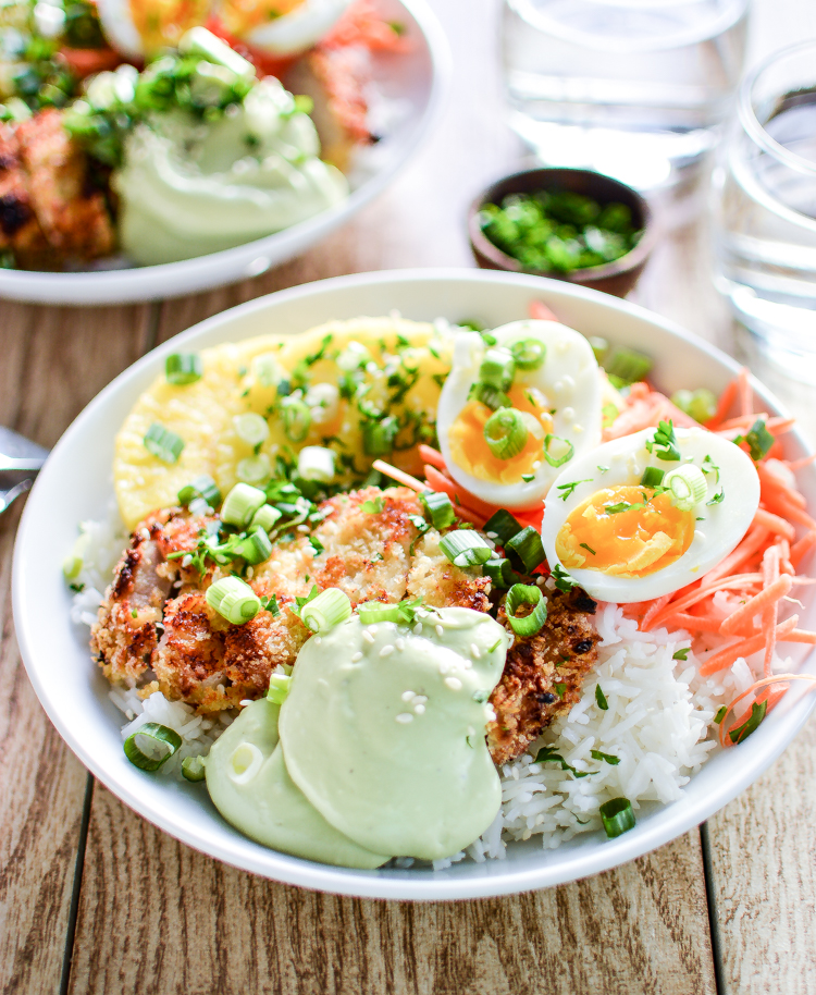 Sweet Chili Pork Cutlet Rice Bowls with Avocado Cream are a great quick weeknight dinner recipe idea! | www.cookingandbeer.com