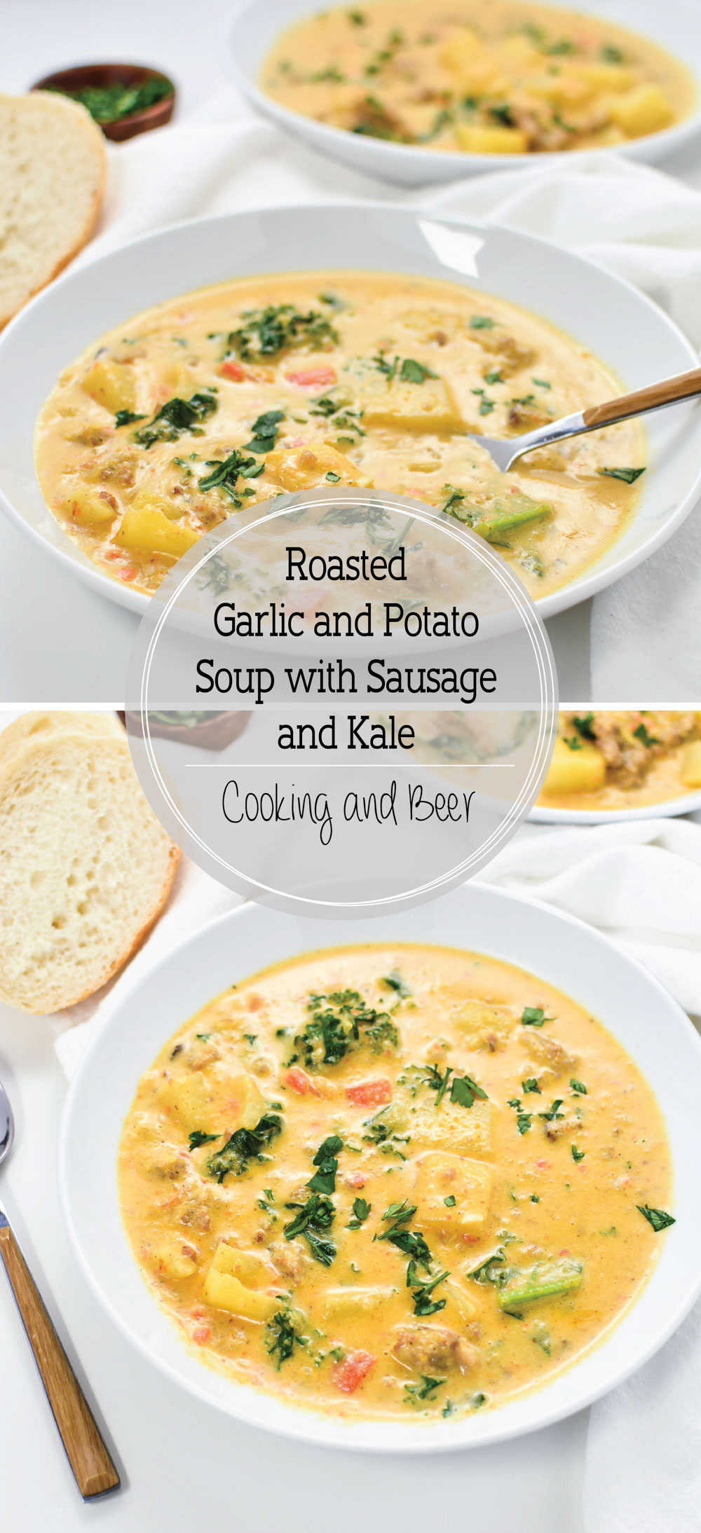 Step up your lunch game with this easy and nutritious roasted garlic and potato soup with sausage and kale!