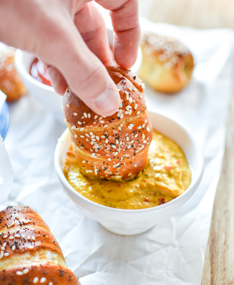 Pretzel Hot Dogs with Maple Bacon Mustard are the perfect snack or appetizer recipe with the perfect dipping sauce!! | www.cookingandbeer.com