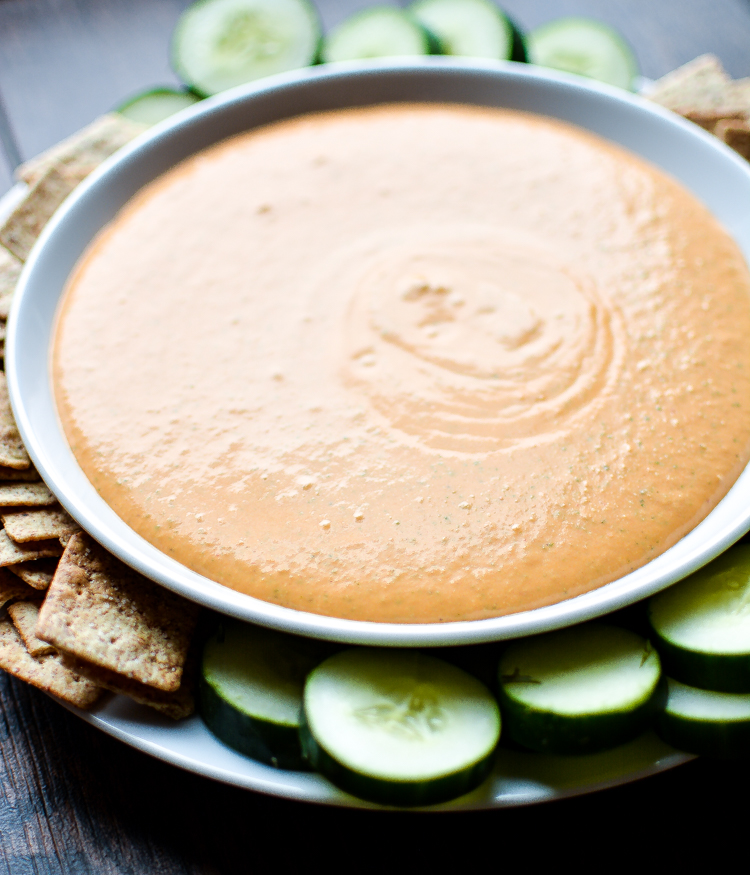 Spicy Roasted Red Pepper Dip: a quick, refreshing and delicious appetizer recipe that's perfect for your next gameday party!