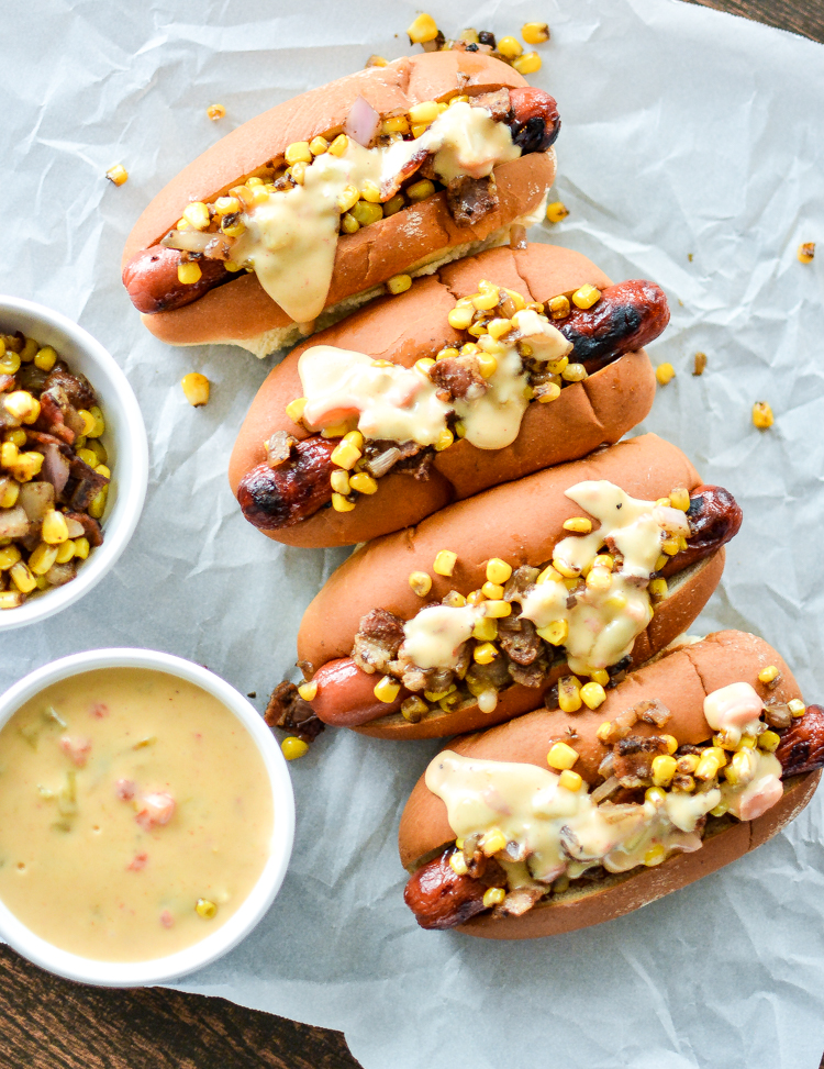 Hot Dogs with Chipotle Cheese Sauce and Bacon-Corn Relish: The recipe you need at your next barbecue! | www.cookingandbeer.com